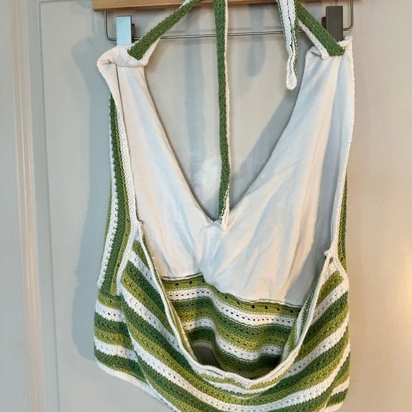 Hollister Green & White Crochet Open Knit Tie Halter Top, Size L/ XL - Picture 5 of 5